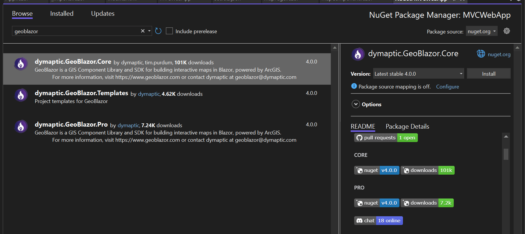 NuGet Package Manager showing dymaptic.GeoBlazor.Core package installation